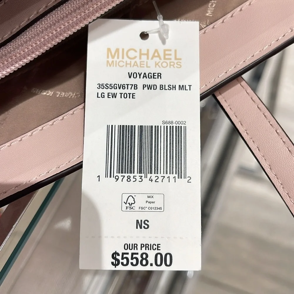 Michael Kors Voyager Large Color-Block Signature Logo Tote Bag Powder Blush Mult
